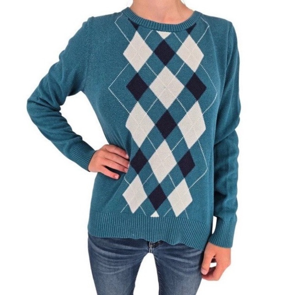 Merona Teal Argyle Preppy Sweater Classic Crew Neck Long Sleeve Knit Top Size L